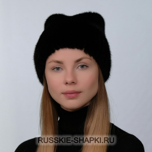 Женская меховая шапка кошка из норки и чернобурки черная