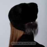 Женская меховая шапка кошка из норки и чернобурки черная